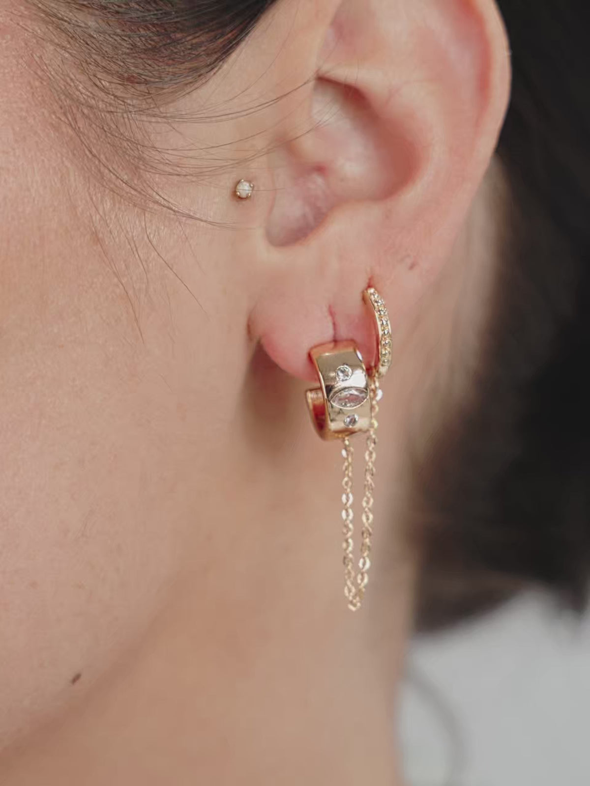 Double Piercing Bezel Crystal Dangle Earrings - 18k Gold Plated | Ettika