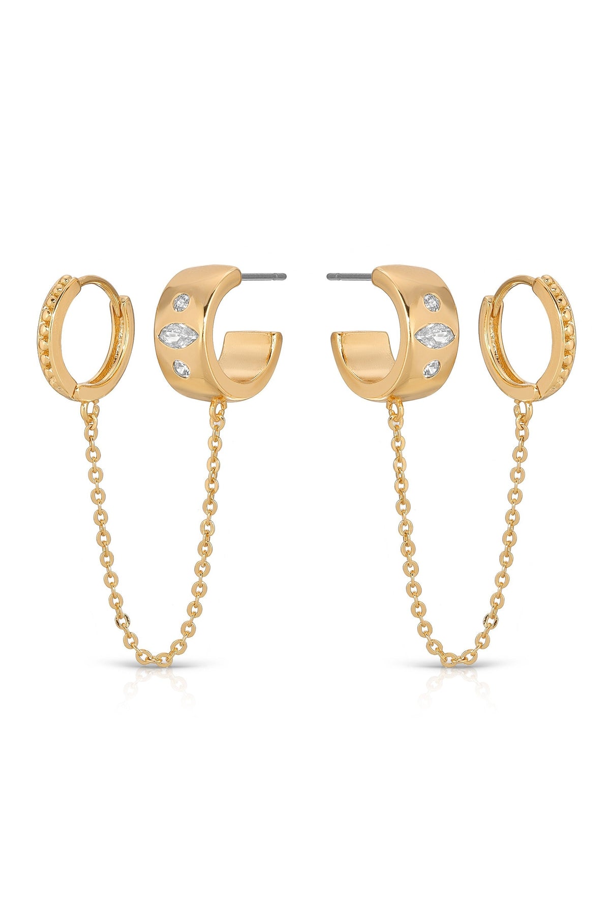 Double Piercing Bezel Crystal Dangle Earrings - 18k Gold Plated | Ettika