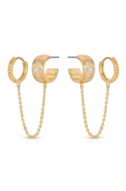 Double Piercing Bezel Crystal Dangle Earrings - 18k Gold Plated | Ettika