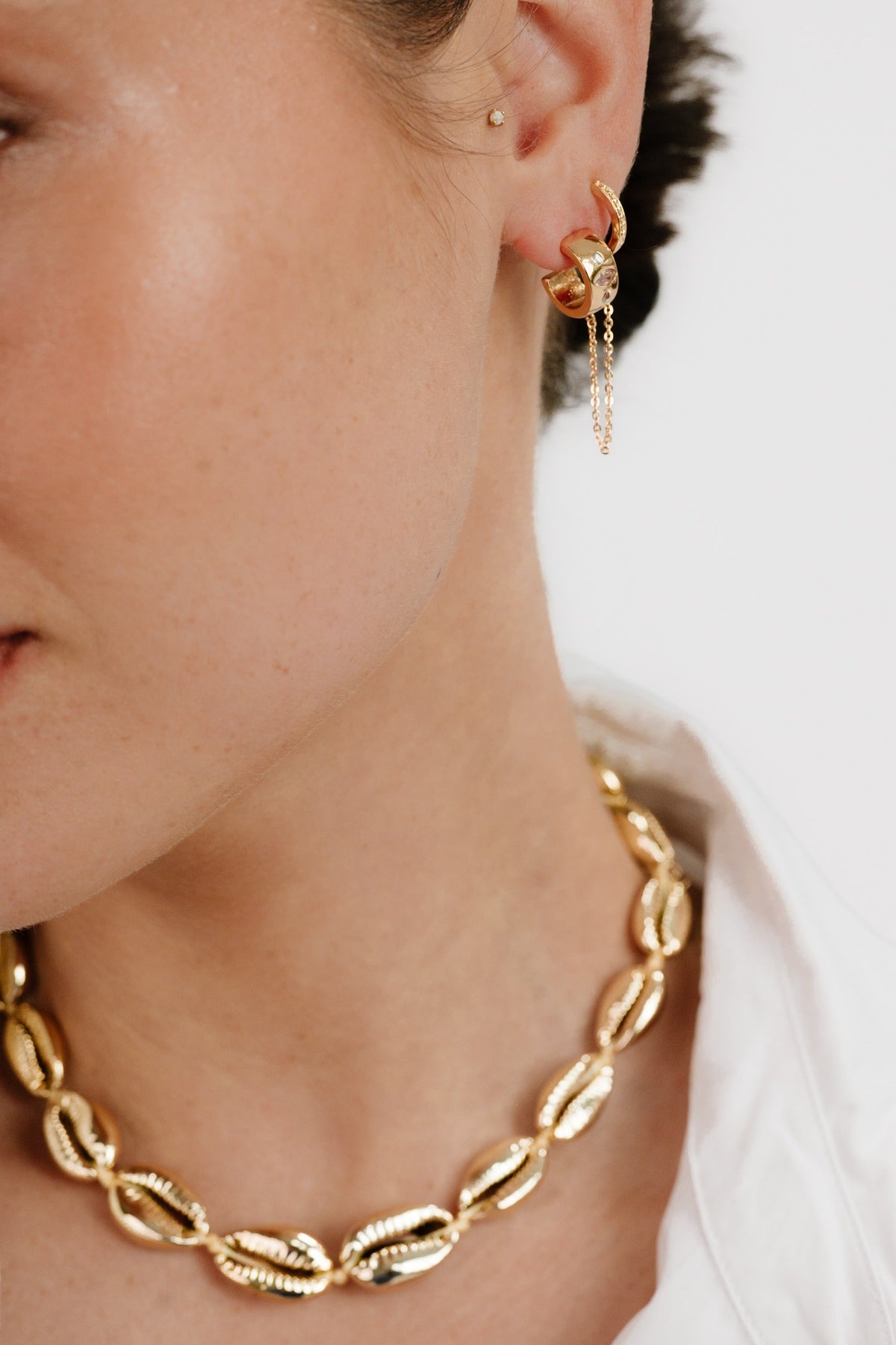 Double Piercing Bezel Crystal Dangle Earrings - 18k Gold Plated | Ettika