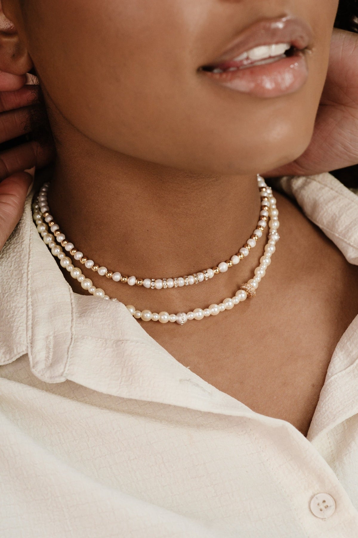 Pearls Double Sparkle Beaded Necklace Set - Pearl | Ettika