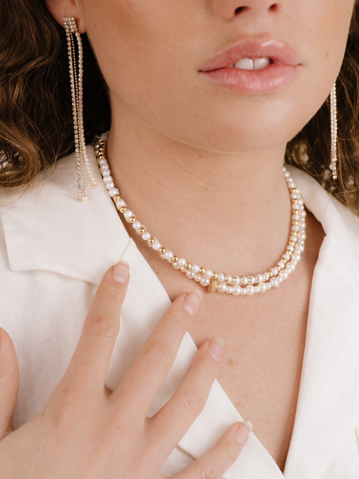 Pearls Double Sparkle Beaded Necklace Set - Pearl | Ettika