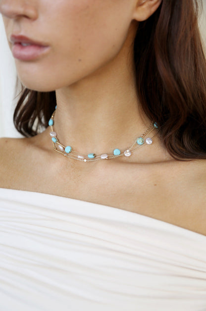Dressed in Turquoise & Pearls Necklace - Turquoise | Ettika