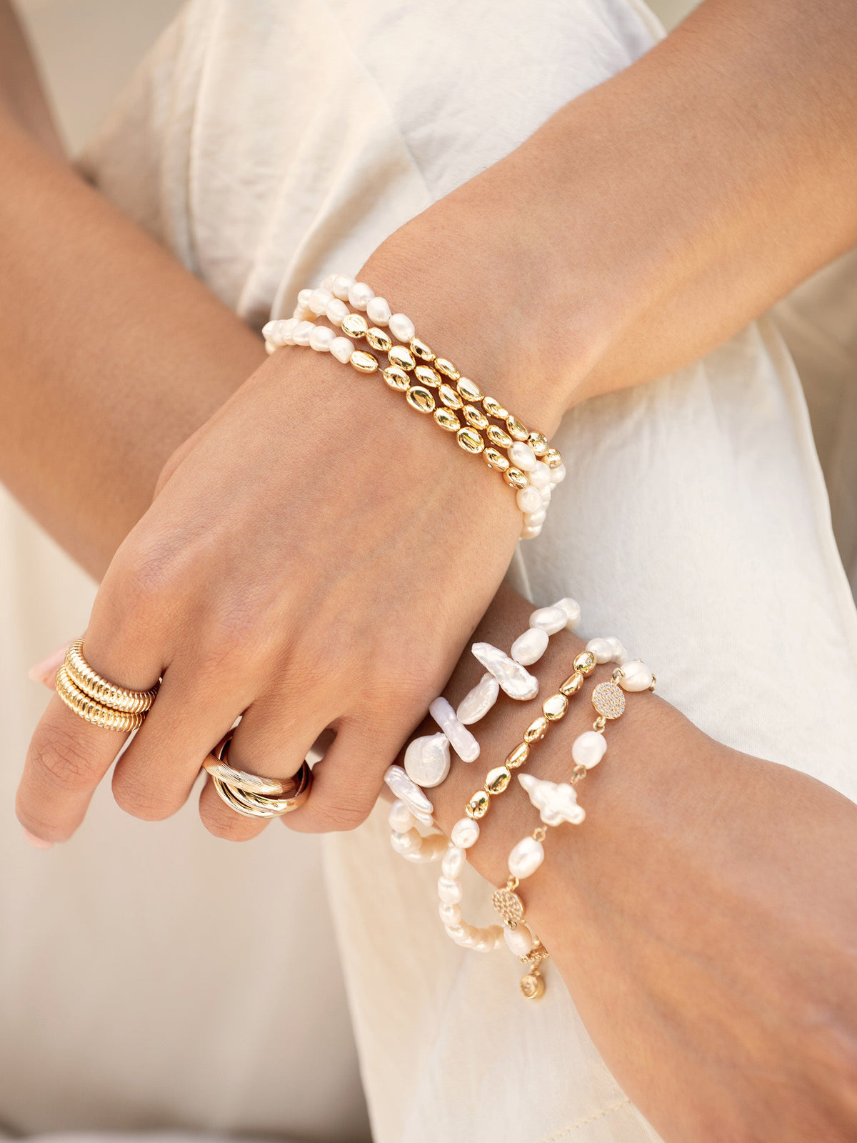 Freshwater Pearl Polished Pebble Bracelet - Pearl with 18k Gold Plating | Ettika