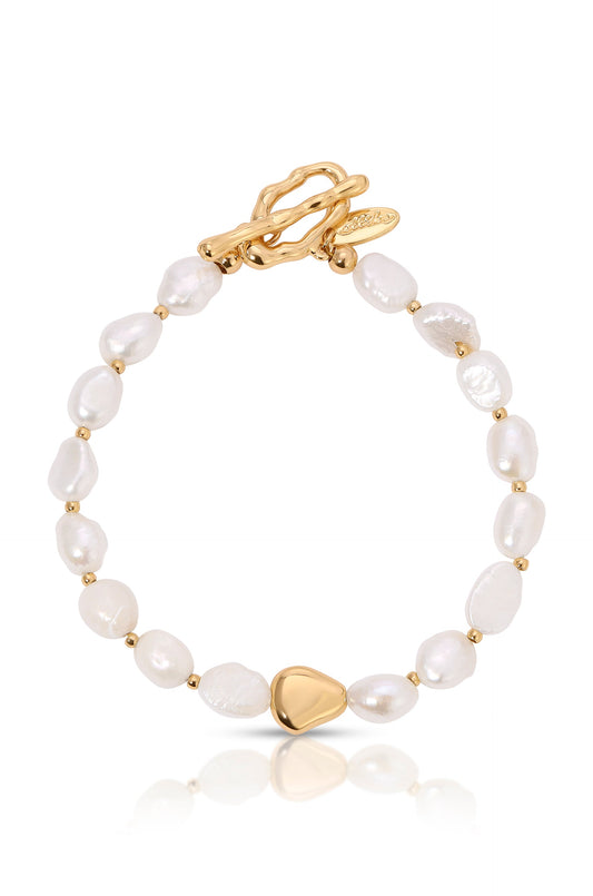 Freshwater Pearl and Gold Nugget Toggle Bracelet - Pearl with 18k Gold Plating | Ettika