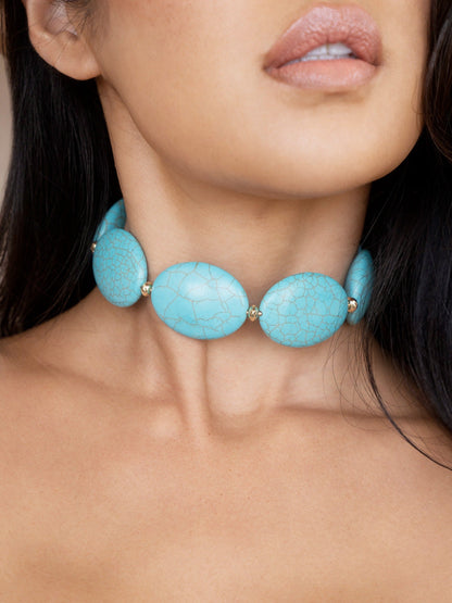 Oval Turquoise Stones Statement Choker - Turquoise with 18k Gold Plating | Ettika
