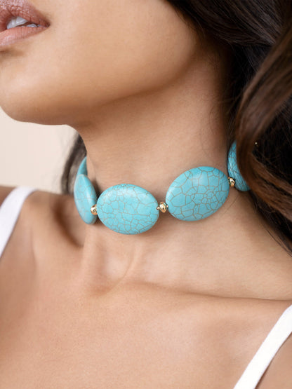 Oval Turquoise Stones Statement Choker - Turquoise with 18k Gold Plating | Ettika