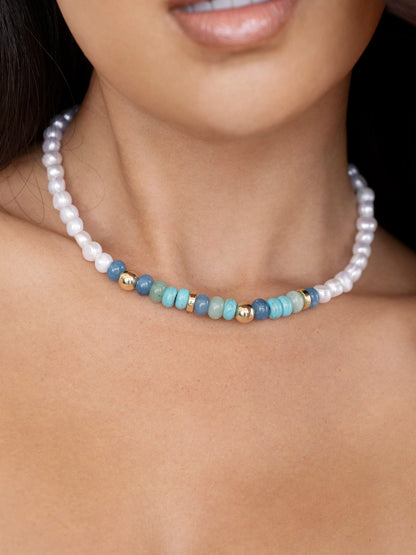 Beach Day Pearl and Gemstone Necklace - Blue Mixed Gemstones | Ettika