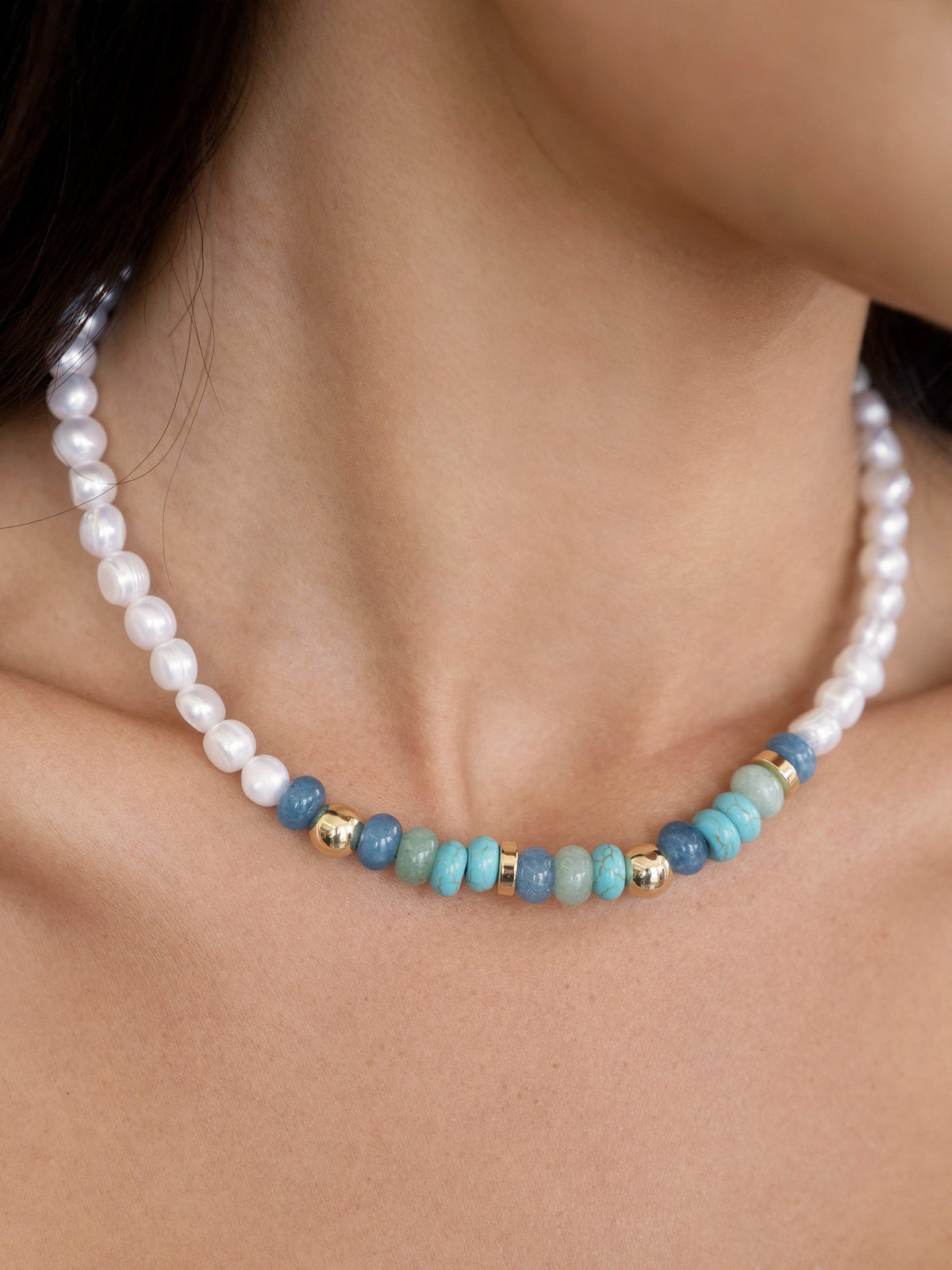 Beach Day Pearl and Gemstone Necklace - Blue Mixed Gemstones | Ettika