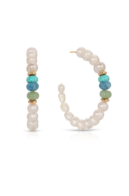 Beach Day Pearl and Gemstone Hoop Earrings - Blue Mixed Gemstones | Ettika