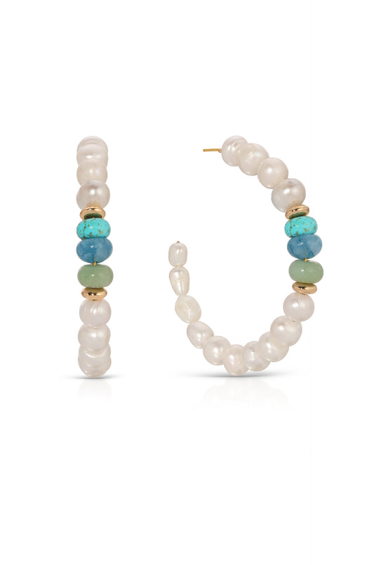 Beach Day Pearl and Gemstone Hoop Earrings - Blue Mixed Gemstones | Ettika