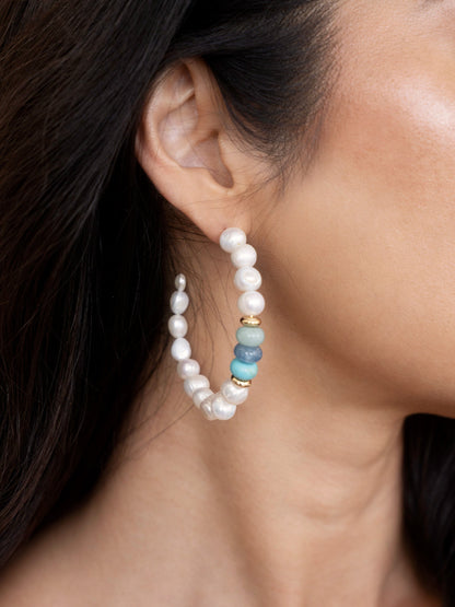 Beach Day Pearl and Gemstone Hoop Earrings - Blue Mixed Gemstones | Ettika