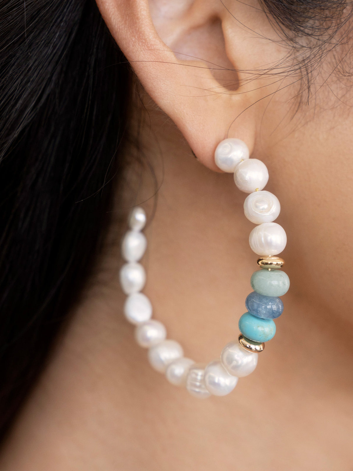 Beach Day Pearl and Gemstone Hoop Earrings - Blue Mixed Gemstones | Ettika