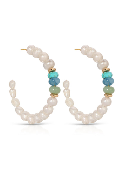 Beach Day Pearl and Gemstone Hoop Earrings - Blue Mixed Gemstones | Ettika