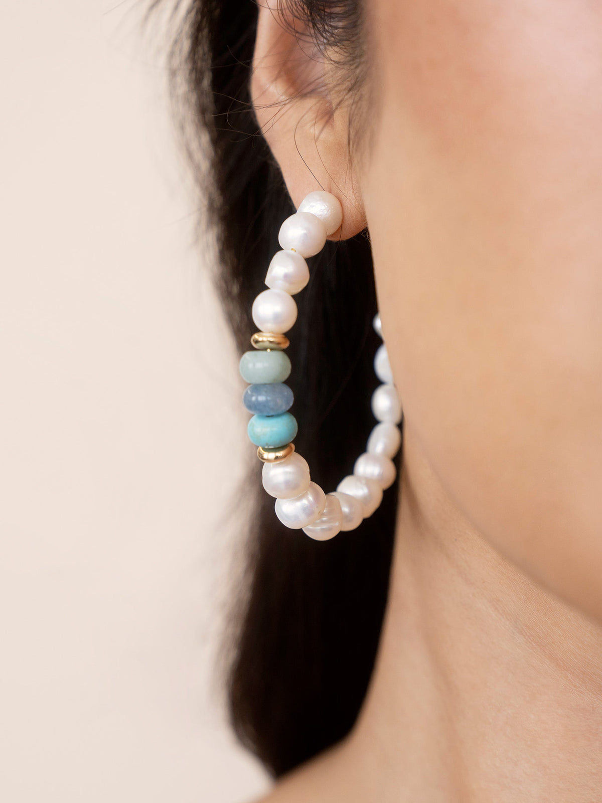 Beach Day Pearl and Gemstone Hoop Earrings - Blue Mixed Gemstones | Ettika