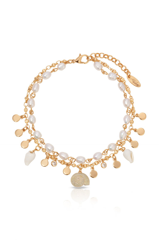 Layered Beach Treasures Anklet - Pearl with 18k Gold Plating | Ettika
