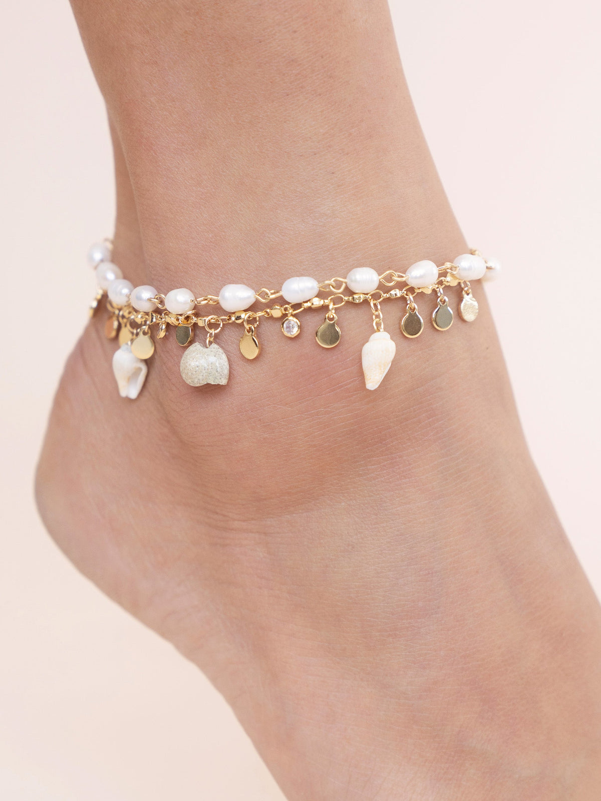 Layered Beach Treasures Anklet - Pearl with 18k Gold Plating | Ettika