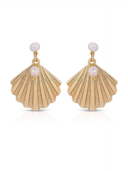 Scallop Shell and Pearl Earrings - Pearl with 18k Gold Plating | Ettika