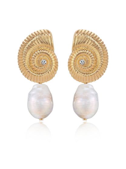 Nautilus Shell Freshwater Pearl Earrings - Pearl with 18k Gold Plating | Ettika