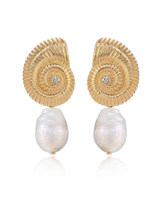 Nautilus Shell Freshwater Pearl Earrings - Pearl with 18k Gold Plating | Ettika