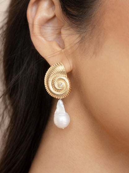 Nautilus Shell Freshwater Pearl Earrings - Pearl with 18k Gold Plating | Ettika