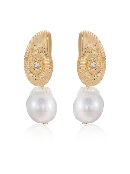 Nautilus Shell Freshwater Pearl Earrings - Pearl with 18k Gold Plating | Ettika