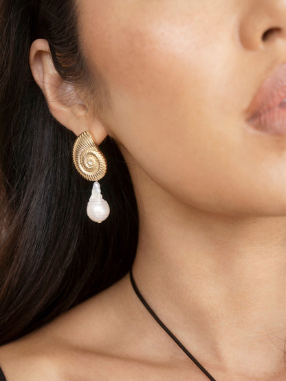Nautilus Shell Freshwater Pearl Earrings - Pearl with 18k Gold Plating | Ettika