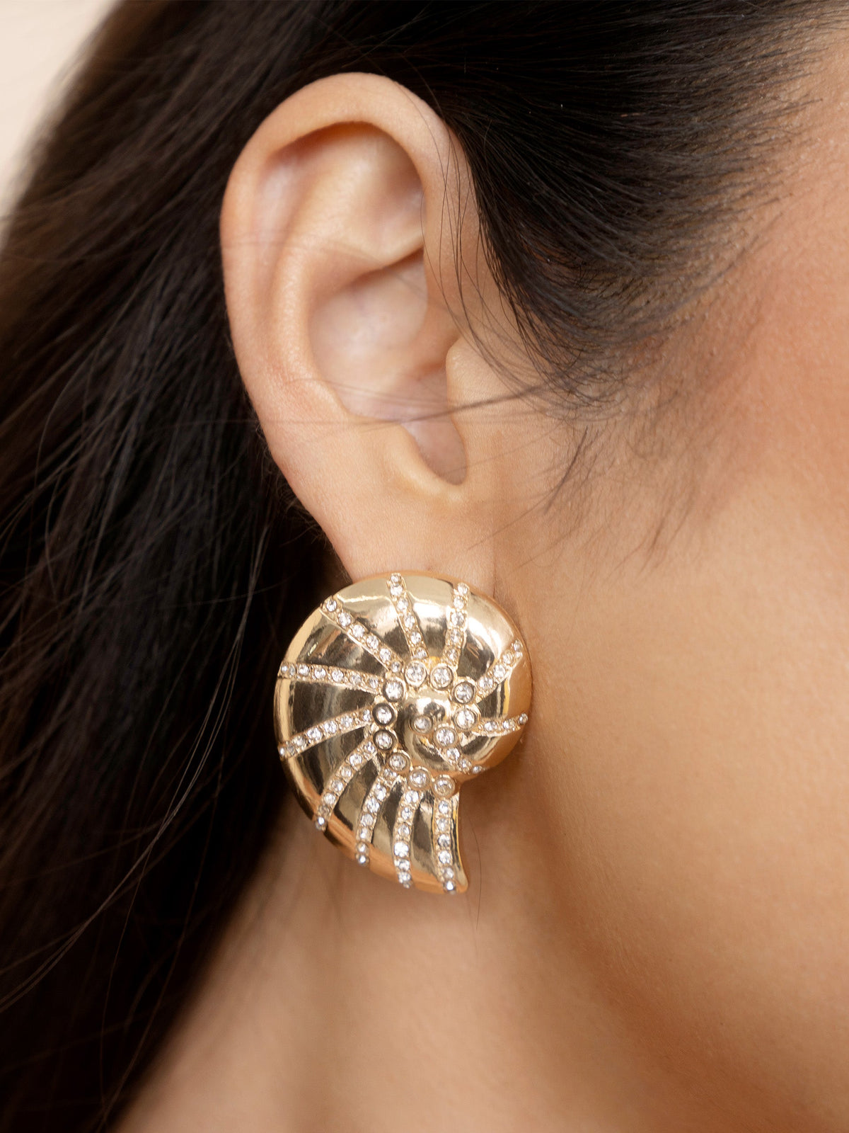 Crystal Studded Nautilus Shell Earrings - Clear Crystal with 18k Gold Plating | Ettika