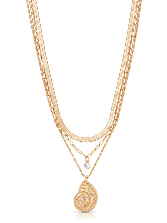 Nautilus Shell Pendant Layered Necklace - Clear Crystal with 18k Gold Plating | Ettika