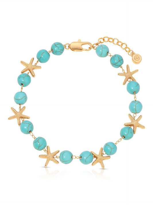 Starfish and Turquoise Beaded Anklet - Turquoise with 18k Gold Plating | Ettika