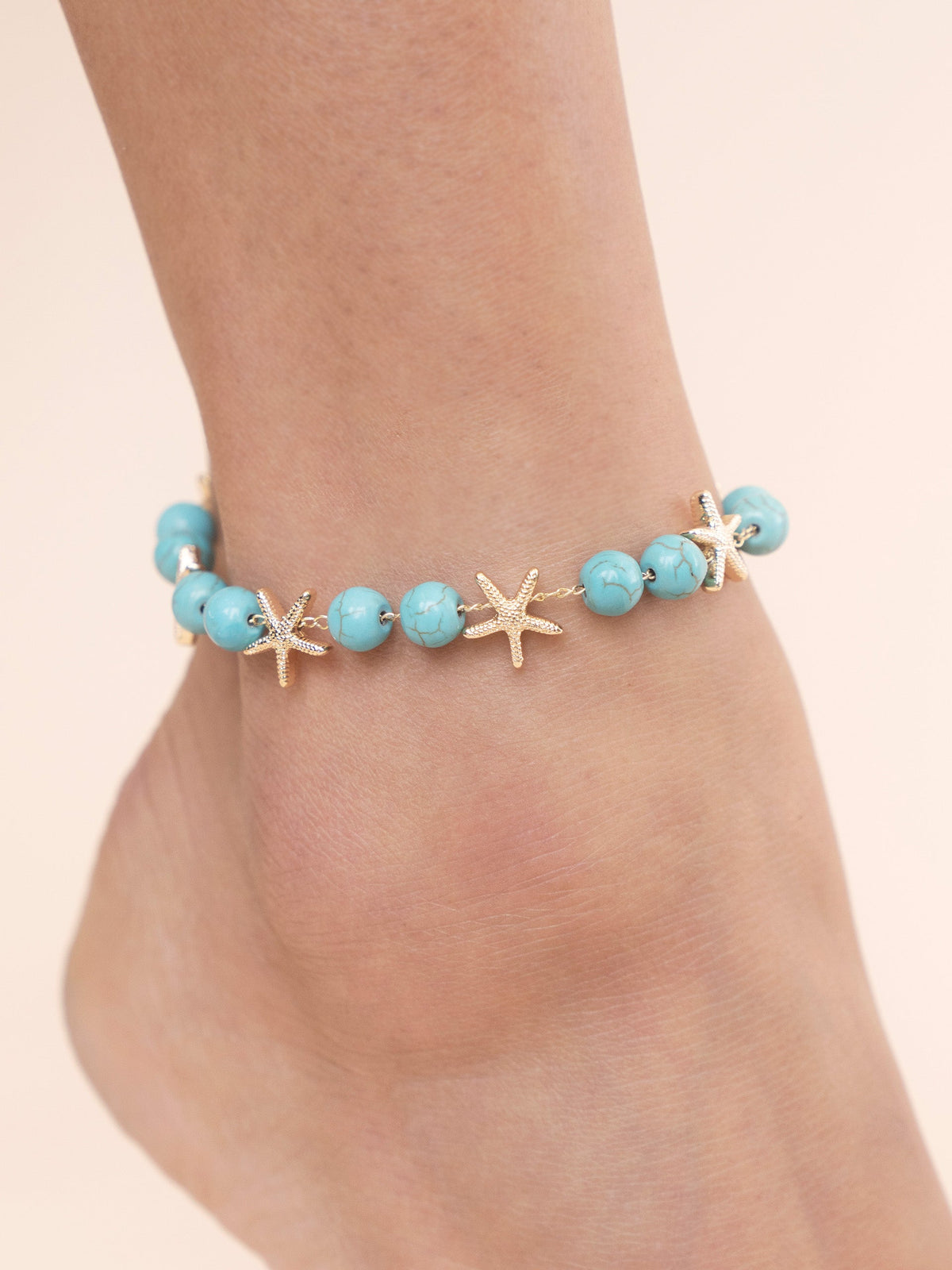Starfish and Turquoise Beaded Anklet - Turquoise with 18k Gold Plating | Ettika