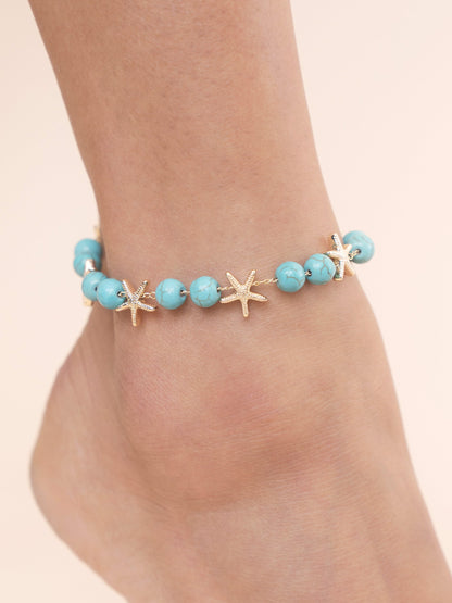 Starfish and Turquoise Beaded Anklet - Turquoise with 18k Gold Plating | Ettika