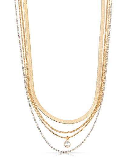 All the Chains Aqua Layered Necklace - Clear Crystal with 18k Gold Plating | Ettika
