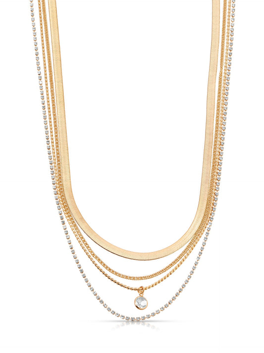 All the Chains Aqua Layered Necklace - Clear Crystal with 18k Gold Plating | Ettika