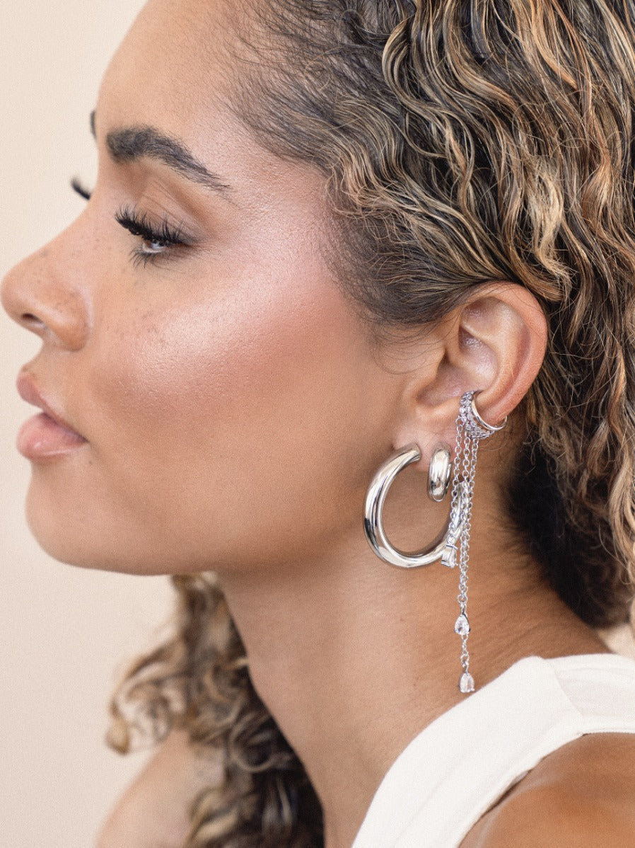 Crystal Waterfall Ear Cuff - Clear Crystal with Silver Plating | Ettika