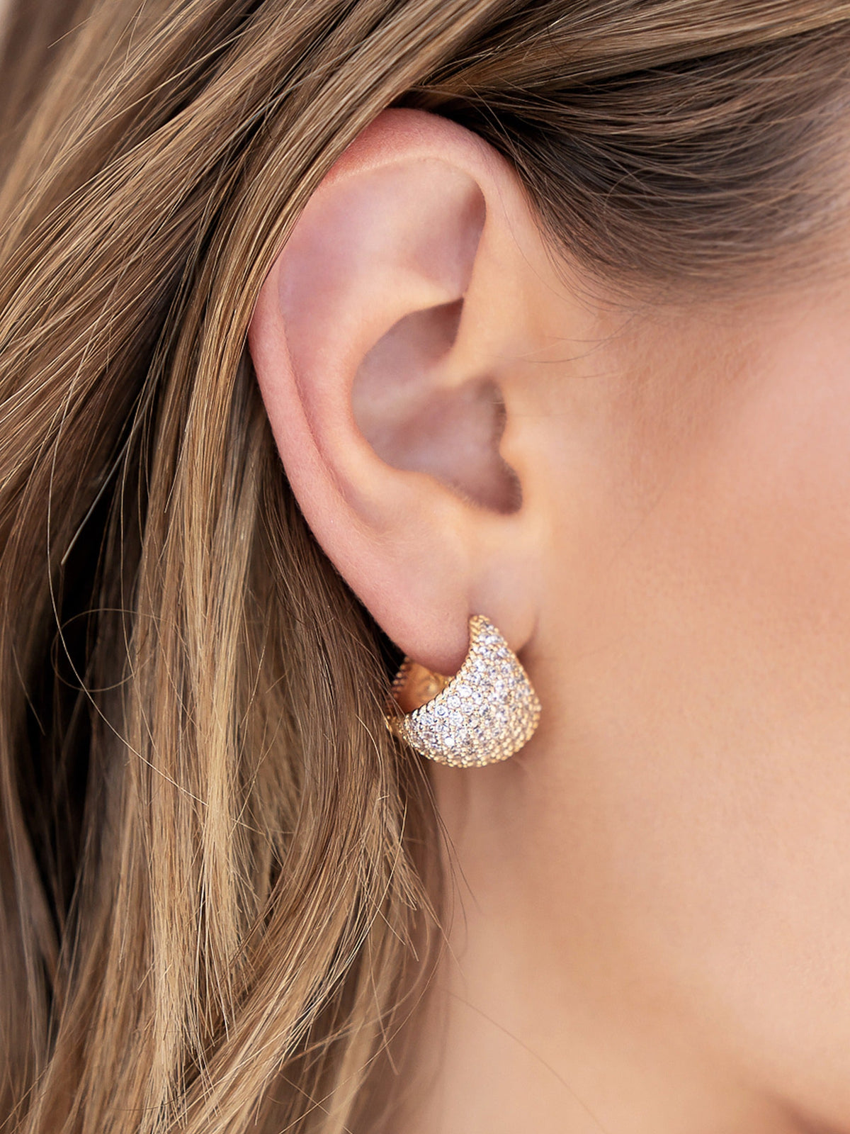 Pavé Encrusted Huggie Hoops - Clear Crystal with 18k Gold Plating | Ettika