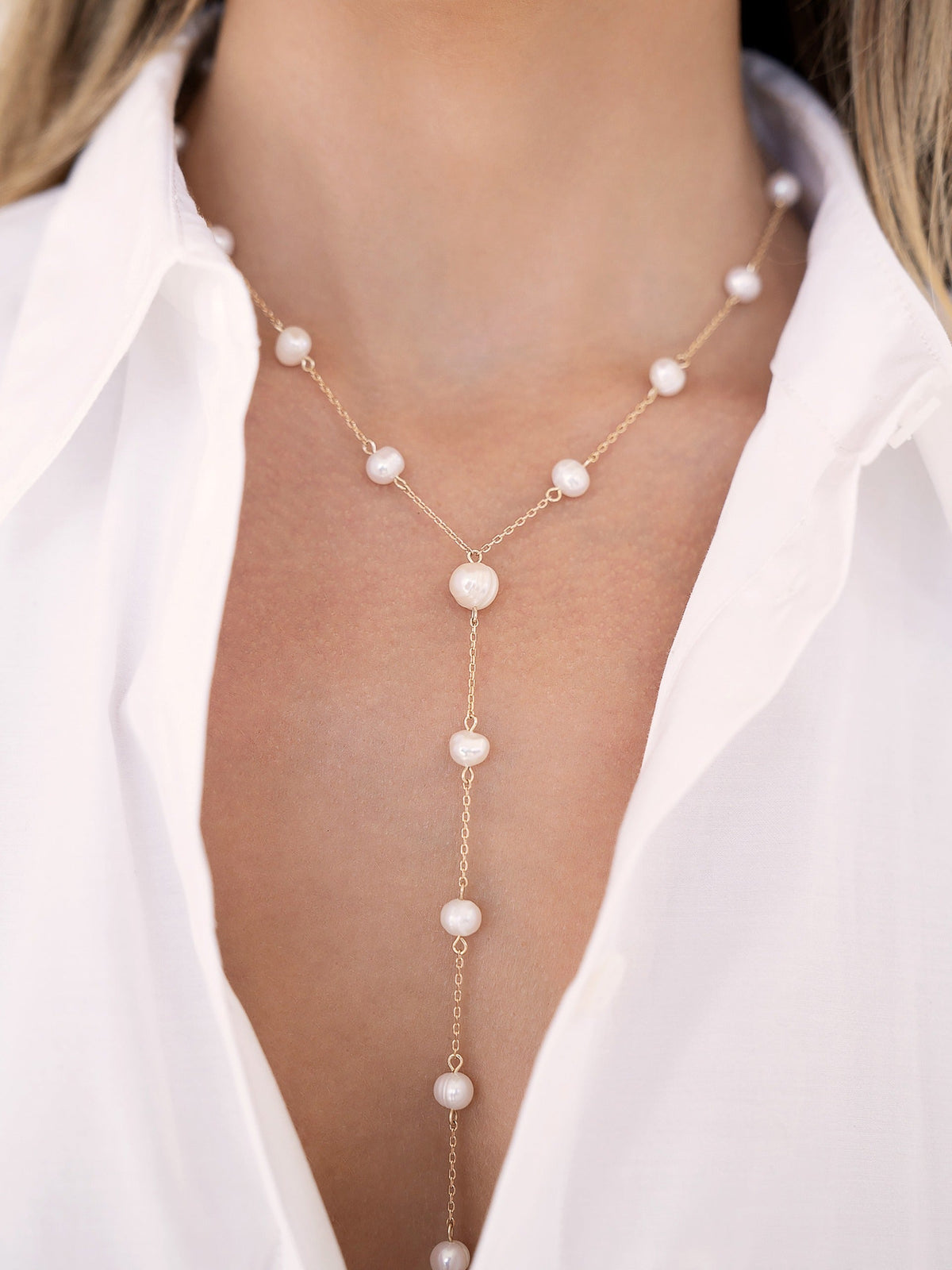 Dripping Pearl Lariat Necklace - Pearl with 18k Gold Plating | Ettika