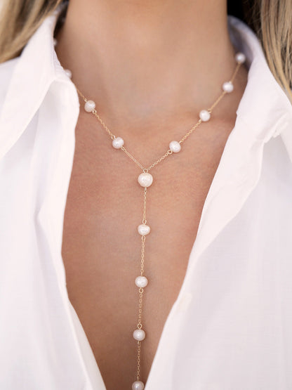 Dripping Pearl Lariat Necklace - Pearl with 18k Gold Plating | Ettika