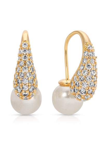 Hooked Pavé and Pearl Earrings - Pearl with 18k Gold Plating | Ettika