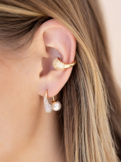 Hooked Pavé and Pearl Earrings - Pearl with 18k Gold Plating | Ettika