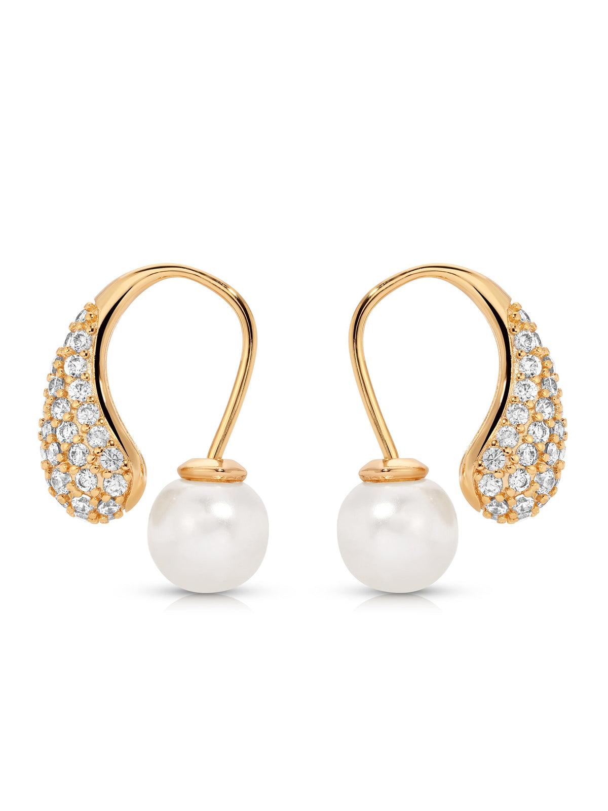 Hooked Pavé and Pearl Earrings - Pearl with 18k Gold Plating | Ettika