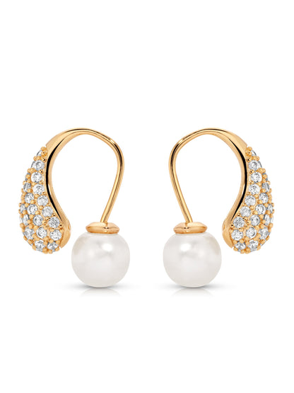 Hooked Pavé and Pearl Earrings - Pearl with 18k Gold Plating | Ettika