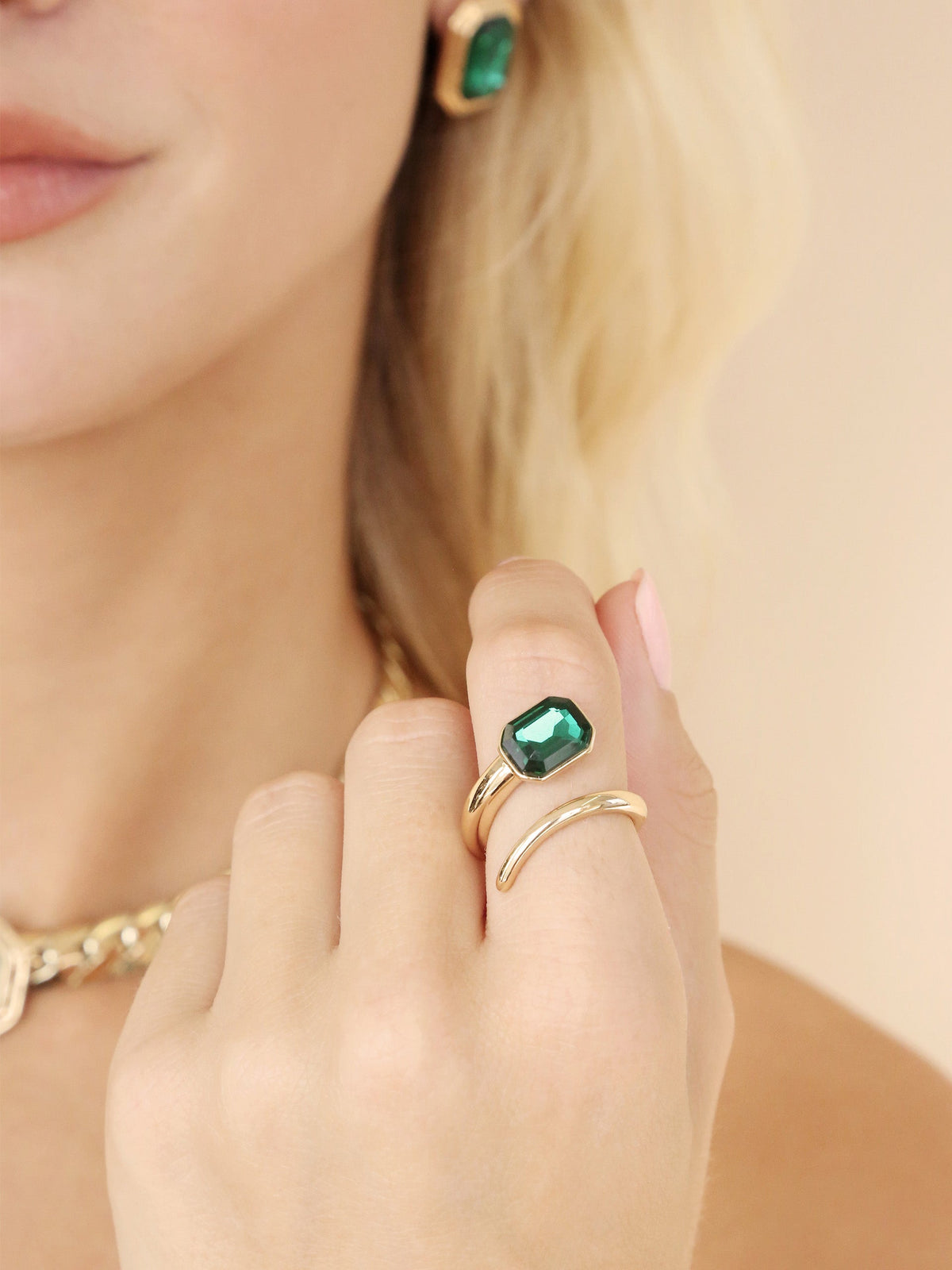 Emerald Deco Wrap Ring - Emerald Crystal with 18k Gold Plating | Ettika