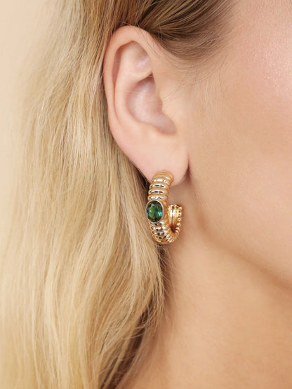 Ribbed Emerald Large Hoops - Emerald Crystal with 18k Gold Plating | Ettika