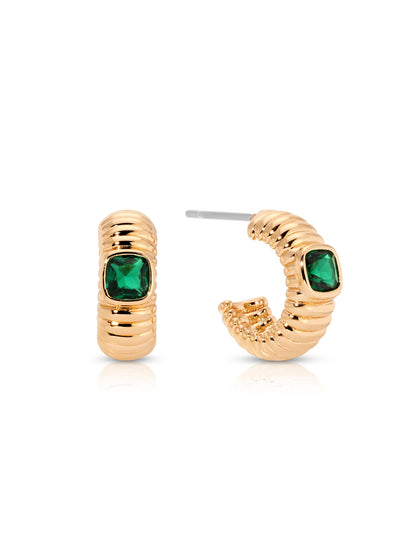 Ribbed Small Hoops - Emerald Crystal with 18k Gold Plating | Ettika