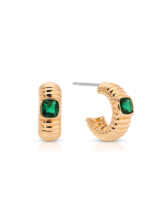 Ribbed Small Hoops - Emerald Crystal with 18k Gold Plating | Ettika