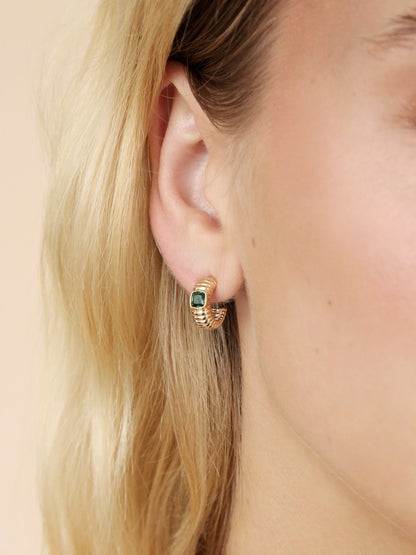 Ribbed Small Hoops - Emerald Crystal with 18k Gold Plating | Ettika