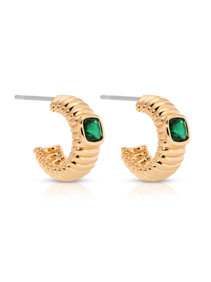 Ribbed Small Hoops - Emerald Crystal with 18k Gold Plating | Ettika
