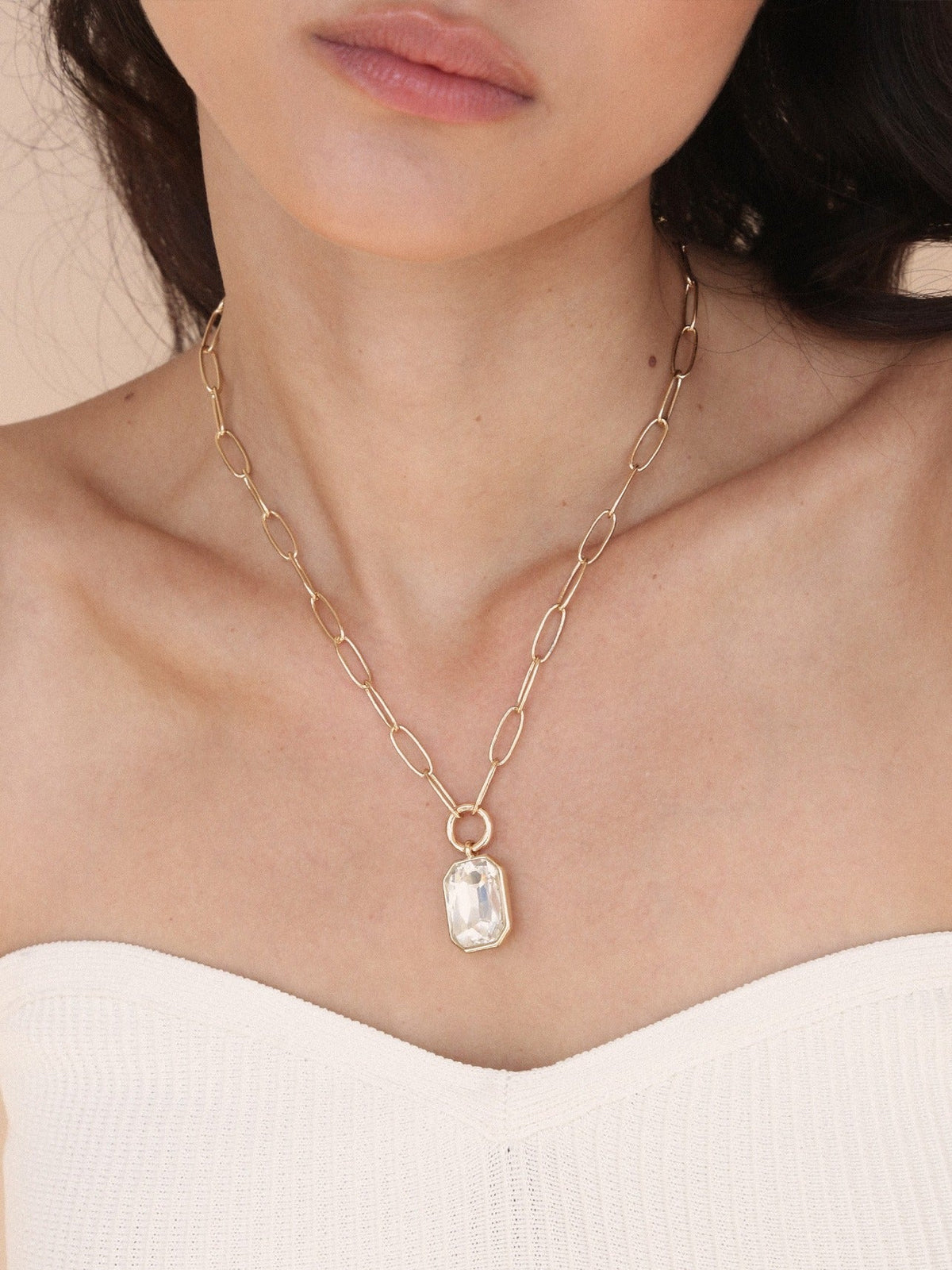 Deco Pendant Necklace - Clear Crystal with 18k Gold Plating | Ettika