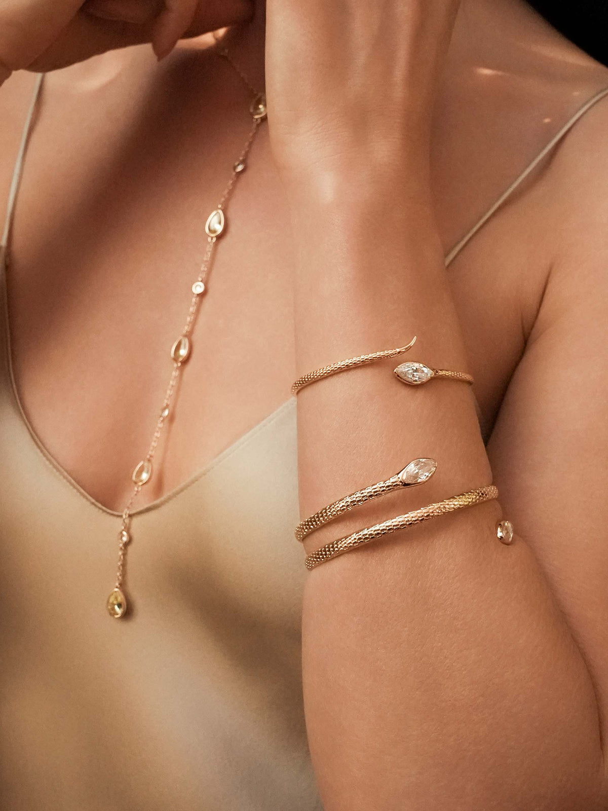 Marquise Snake Cuff Bracelet - Clear Crystal with 18k Gold Plating | Ettika